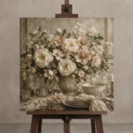 Ivory Peony Floral Dining Room Wall Art Canvas Print displayed on a studio easel