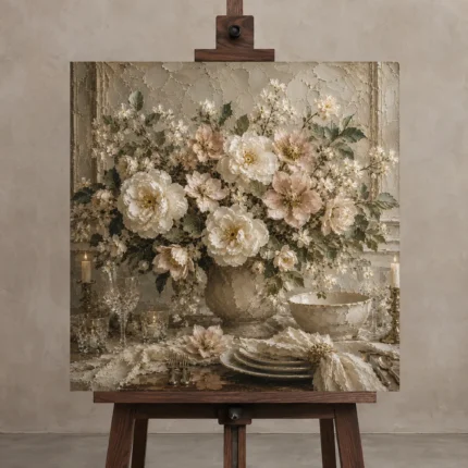 Ivory Peony Floral Dining Room Wall Art Canvas Print displayed on a studio easel
