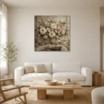Ivory Peony Floral Dining Room Wall Art Canvas Print styled in a refined neutral interior