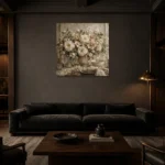 Ivory Peony Floral Dining Room Wall Art Canvas Print shown in a warm modern interior