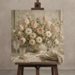 Blush Tulip Floral Dining Room Wall Art Canvas Print displayed on a studio easel