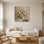 Blush Tulip Floral Dining Room Wall Art Canvas Print styled in a refined neutral interior