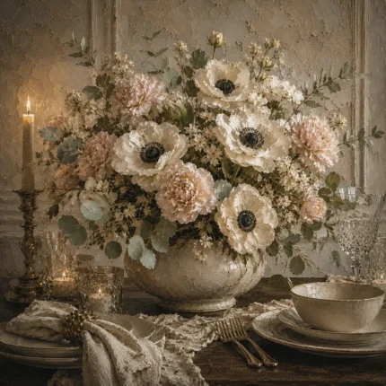 White Anemone Floral Dining Room Wall Art Canvas Print