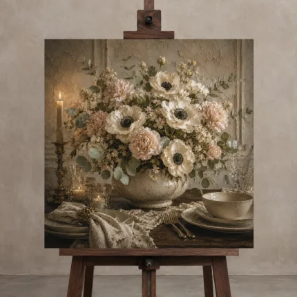 White Anemone Floral Dining Room Wall Art Canvas Print displayed on a studio easel