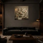 White Anemone Floral Dining Room Wall Art Canvas Print shown in a warm modern interior