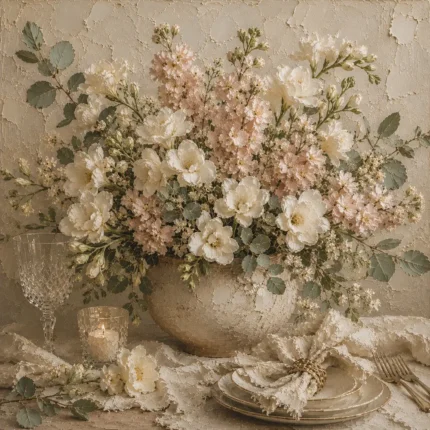 Ivory Lisianthus Floral Dining Room Wall Art Canvas Print