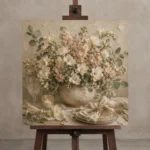 Ivory Lisianthus Floral Dining Room Wall Art Canvas Print displayed on a studio easel