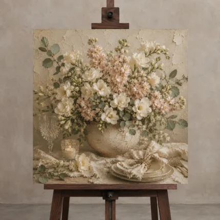 Ivory Lisianthus Floral Dining Room Wall Art Canvas Print displayed on a studio easel