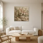 Ivory Lisianthus Floral Dining Room Wall Art Canvas Print styled in a refined neutral interior