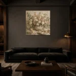 Ivory Lisianthus Floral Dining Room Wall Art Canvas Print shown in a warm modern interior