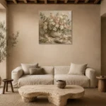 Ivory Lisianthus Floral Dining Room Wall Art Canvas Print presented in a sophisticated home setting