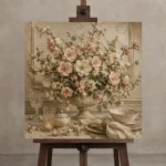 Blush Blossom Floral Dining Room Wall Art Canvas Print displayed on a studio easel