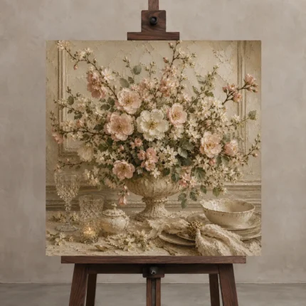 Blush Blossom Floral Dining Room Wall Art Canvas Print shown in Studio Easel