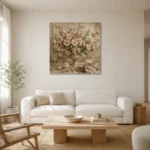 Blush Blossom Floral Dining Room Wall Art Canvas Print styled in a refined neutral interior