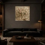 Blush Blossom Floral Dining Room Wall Art Canvas Print shown in a warm modern interior