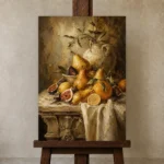 Golden Pear and Fig Dining Room Wall Art Canvas Print displayed on a studio easel