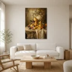 Golden Pear and Fig Dining Room Wall Art Canvas Print styled in a refined neutral interior