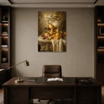 Golden Pear and Fig Dining Room Wall Art Canvas Print displayed in a contemporary gallery-inspired room
