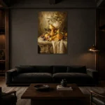 Golden Pear and Fig Dining Room Wall Art Canvas Print shown in a warm modern interior