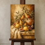 Mediterranean Pear and Fig Fruit Still Life Wall Art Canvas Print displayed on a studio easel