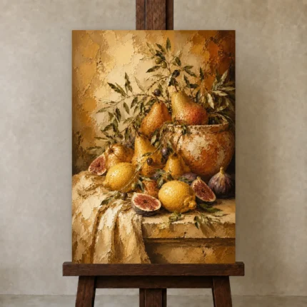 Mediterranean Pear and Fig Fruit Still Life Wall Art Canvas Print shown in Studio Easel