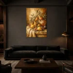 Mediterranean Pear and Fig Fruit Still Life Wall Art Canvas Print shown in a warm modern interior