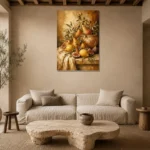 Mediterranean Pear and Fig Fruit Still Life Wall Art Canvas Print presented in a sophisticated home setting