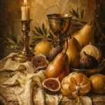 Candlelit Pear and Fig Fruit Still Life Wall Art Canvas Print