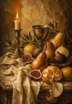 Candlelit Pear and Fig Fruit Still Life Wall Art Canvas Print