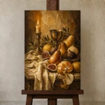 Candlelit Pear and Fig Fruit Still Life Wall Art Canvas Print displayed on a studio easel