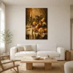 Candlelit Pear and Fig Fruit Still Life Wall Art Canvas Print styled in a refined neutral interior