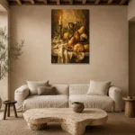 Candlelit Pear and Fig Fruit Still Life Wall Art Canvas Print presented in a sophisticated home setting