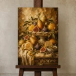 Ornate Pear and Fig Fruit Still Life Wall Art Canvas Print displayed on a studio easel