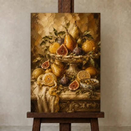Ornate Pear and Fig Fruit Still Life Wall Art Canvas Print shown in Studio Easel