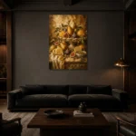Ornate Pear and Fig Fruit Still Life Wall Art Canvas Print shown in a warm modern interior