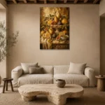 Ornate Pear and Fig Fruit Still Life Wall Art Canvas Print presented in a sophisticated home setting