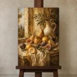 Window Pear and Fig Fruit Still Life Wall Art Canvas Print displayed on a studio easel