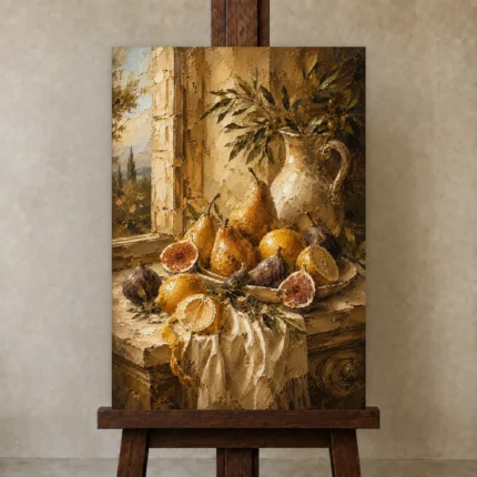 Window Pear and Fig Fruit Still Life Wall Art Canvas Print shown in Studio Easel