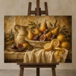 Tuscan Pear and Fig Fruit Still Life Wall Art Canvas Print displayed on a studio easel