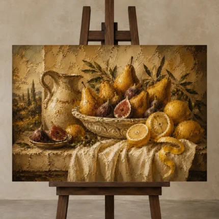 Tuscan Pear and Fig Fruit Still Life Wall Art Canvas Print displayed on a studio easel