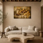 Tuscan Pear and Fig Fruit Still Life Wall Art Canvas Print presented in a sophisticated home setting