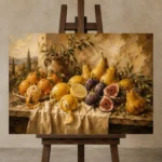Tuscan Citrus and Fig Fruit Still Life Wall Art Canvas Print displayed on a studio easel