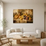 Tuscan Citrus and Fig Fruit Still Life Wall Art Canvas Print styled in a refined neutral interior