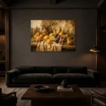 Tuscan Citrus and Fig Fruit Still Life Wall Art Canvas Print shown in a warm modern interior