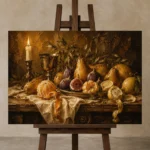 Candlelit Citrus and Fig Fruit Still Life Wall Art Canvas Print displayed on a studio easel