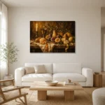 Candlelit Citrus and Fig Fruit Still Life Wall Art Canvas Print styled in a refined neutral interior
