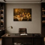 Candlelit Citrus and Fig Fruit Still Life Wall Art Canvas Print displayed in a contemporary gallery-inspired room