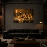 Candlelit Citrus and Fig Fruit Still Life Wall Art Canvas Print shown in a warm modern interior