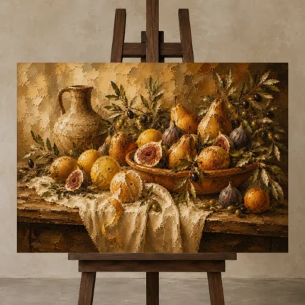 Rustic Citrus and Fig Fruit Still Life Wall Art Canvas Print displayed on a studio easel