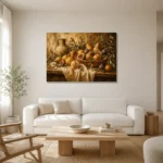 Rustic Citrus and Fig Fruit Still Life Wall Art Canvas Print styled in a refined neutral interior